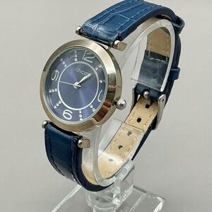 Chico's Watch Women Blue Silver Tone Rhinestone Croc Embossed Strap 8.5 Inch